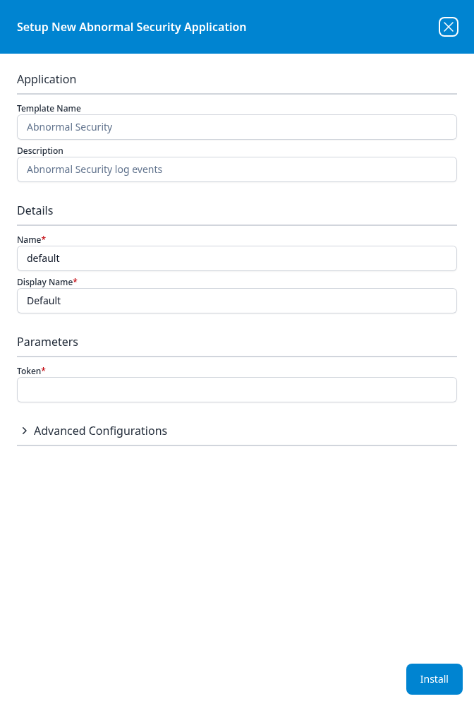 Setup New Abnormal Security Application panel