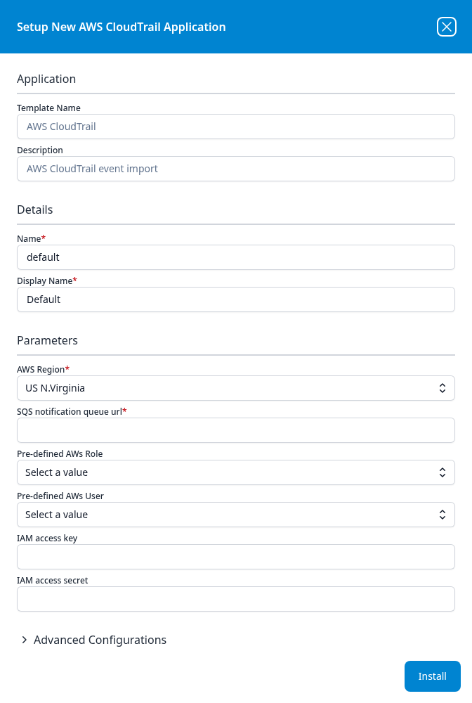 Setup New AWS CloudTrail Application panel showing the Application, Details and Parameters sections and the Install button