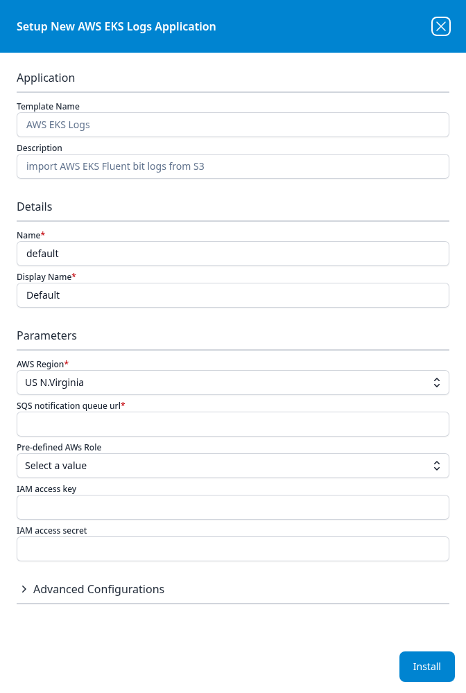 Setup New AWS EKS Logs Application panel