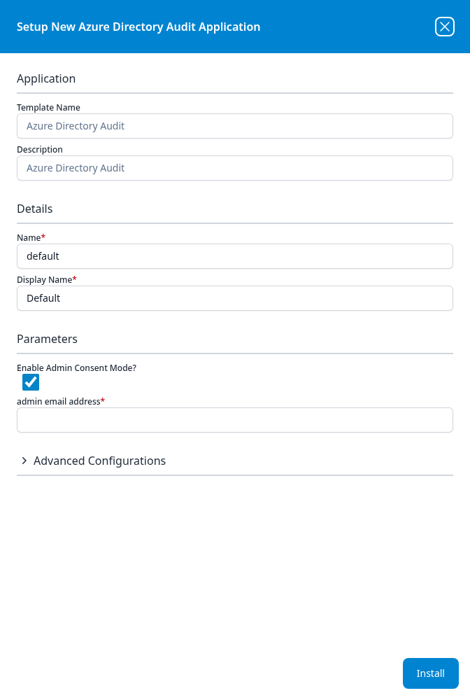 Setup New Azure Directory Audit Application panel
