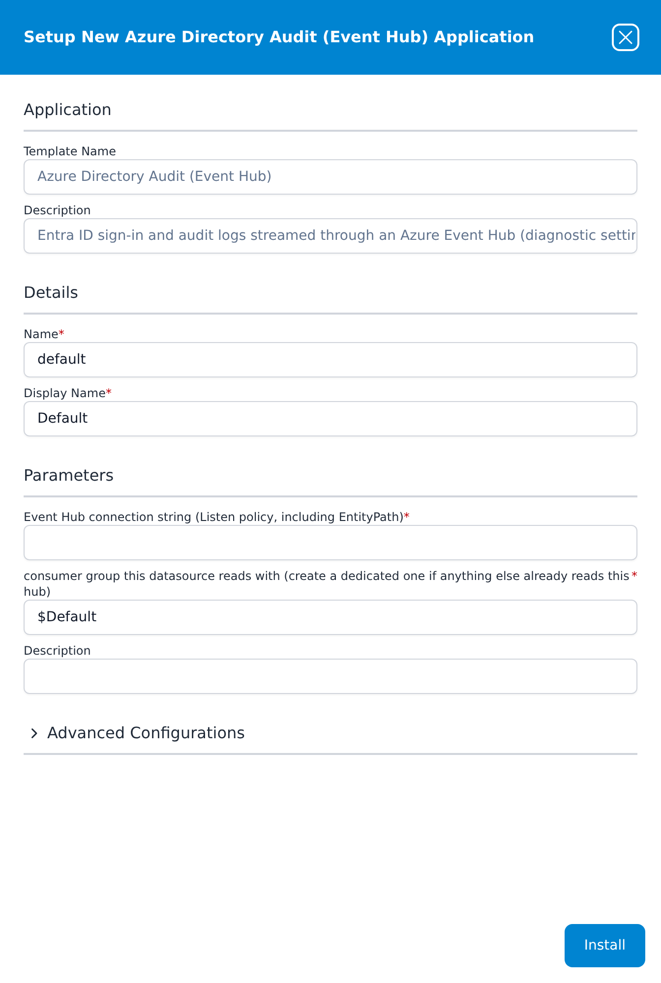 Setup New Azure Directory Audit (Event Hub) Application panel
