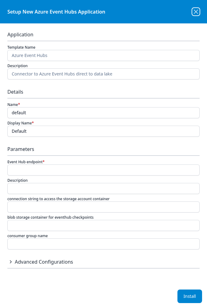 Setup New Azure Event Hubs Application panel