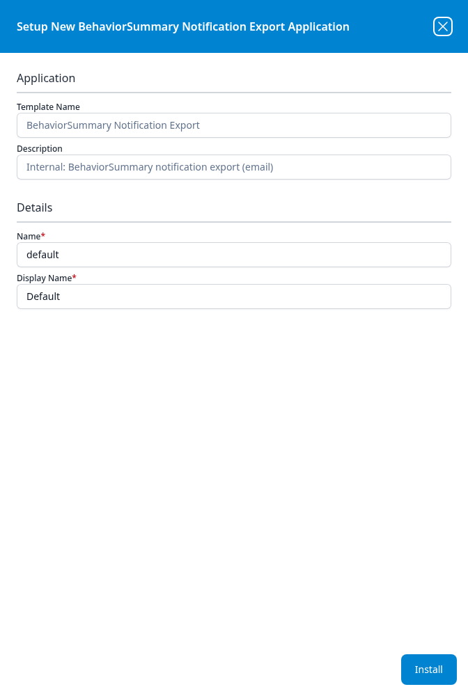 Setup New BehaviorSummary Notification Export Application panel