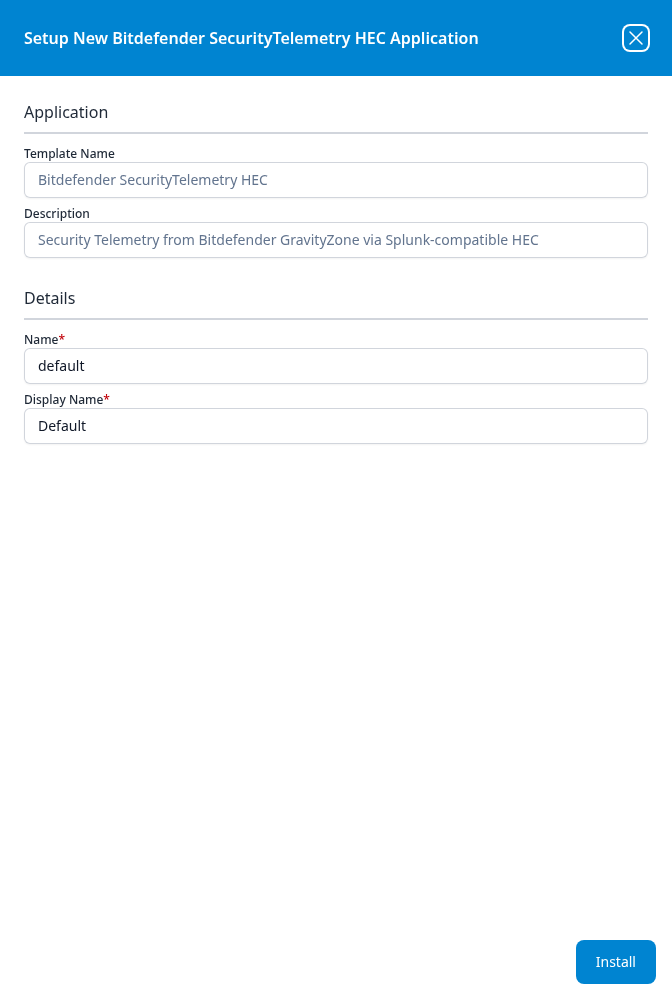 Setup New Bitdefender SecurityTelemetry HEC Application panel