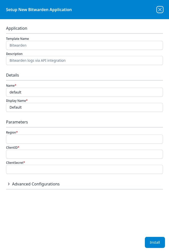 Setup New Bitwarden Application panel