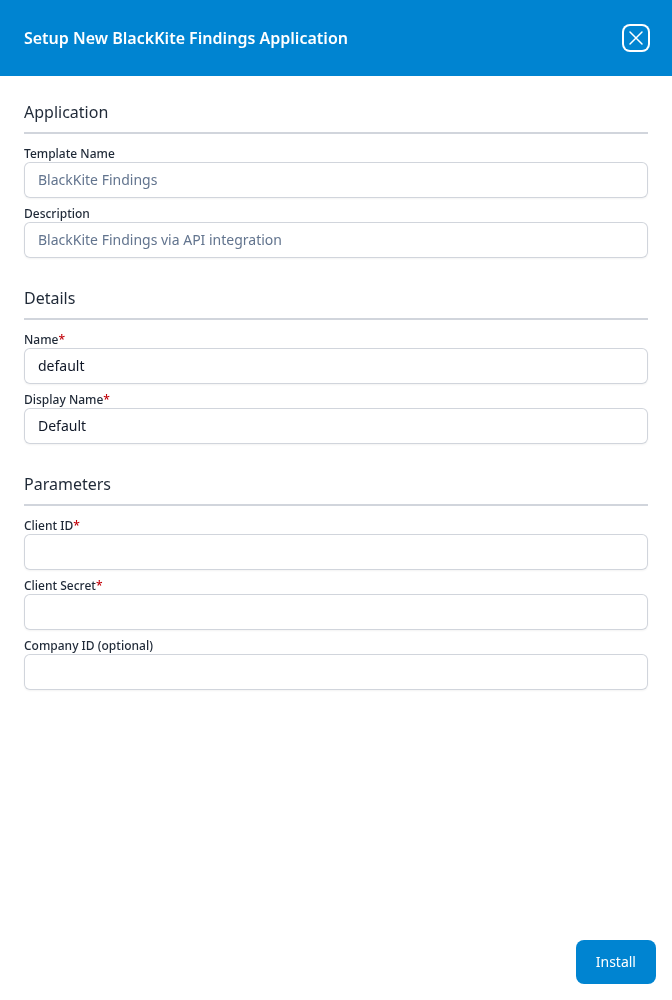 Setup New BlackKite Findings Application panel