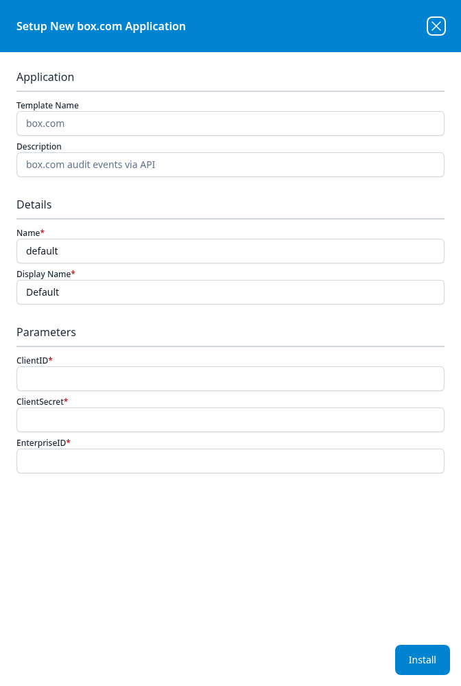 Setup New box.com Application panel