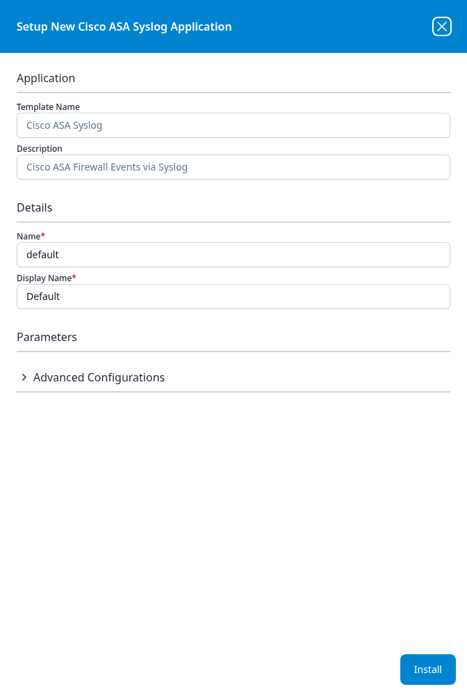 Setup New Cisco ASA Syslog Application panel