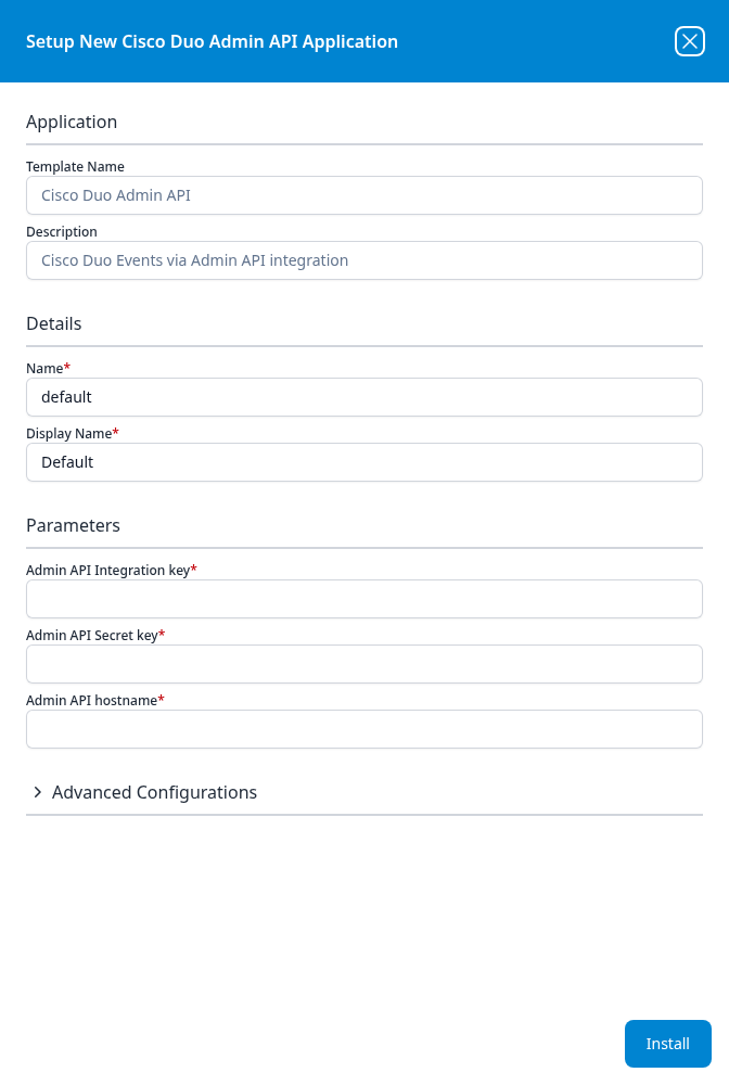 Setup New Cisco Duo Admin API Application panel