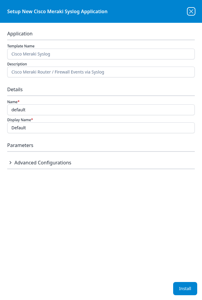 Setup New Cisco Meraki Syslog Application panel