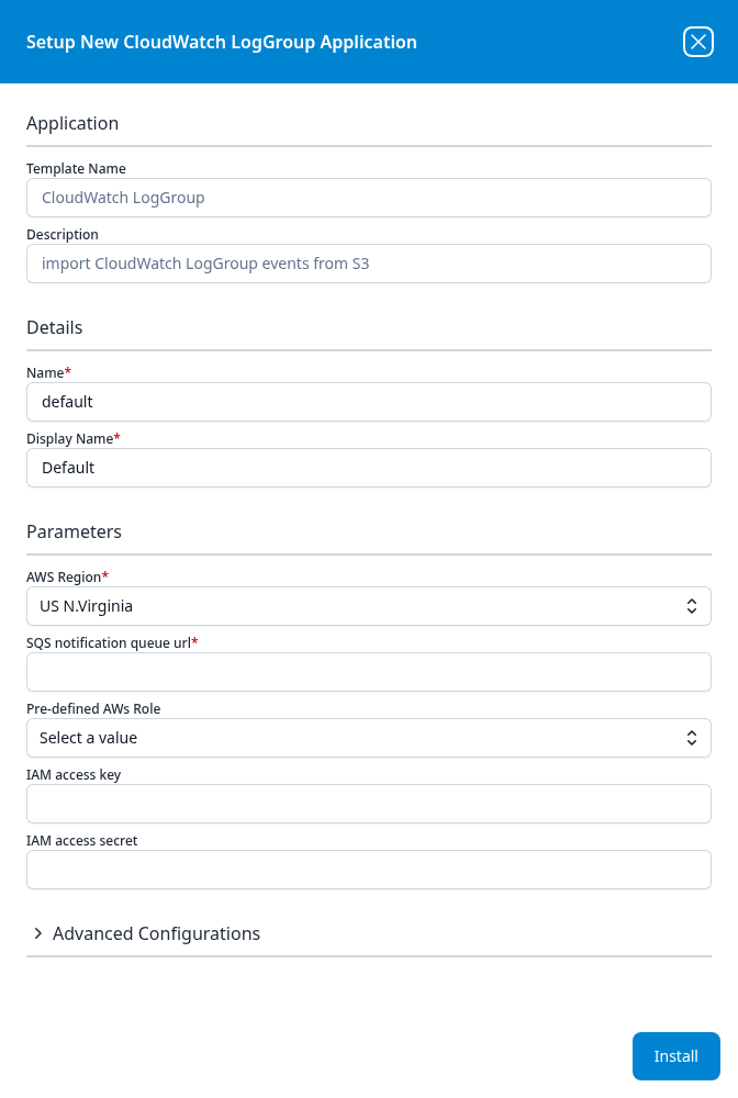 Setup New CloudWatch LogGroup Application panel