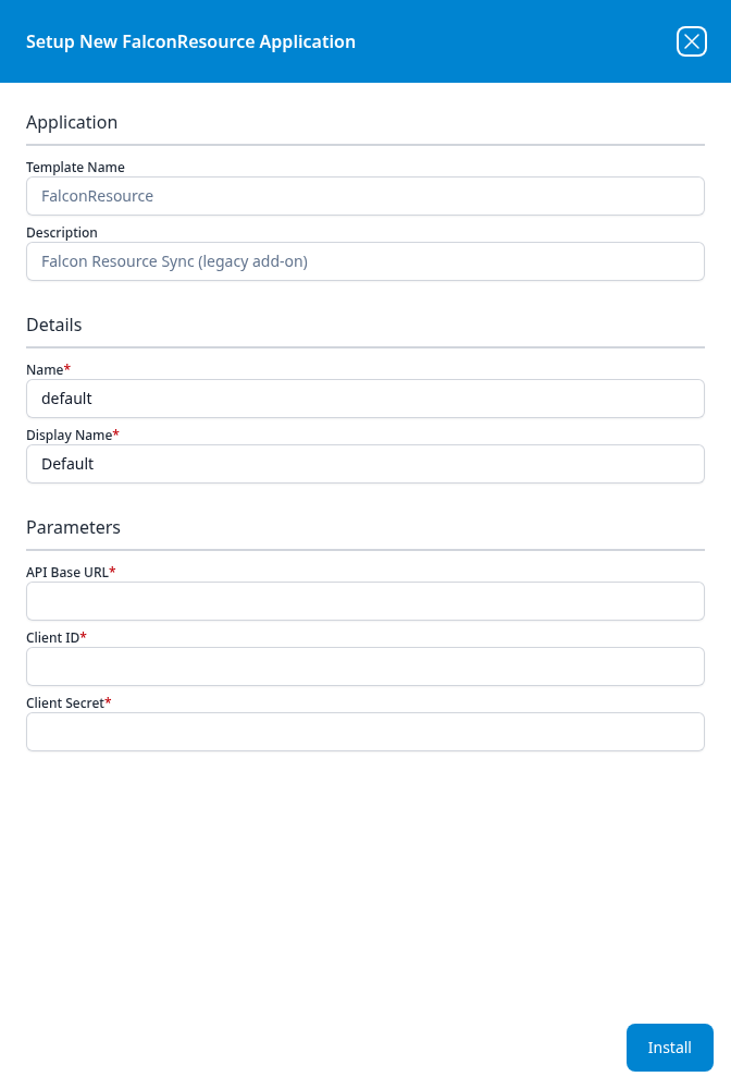 Setup New FalconResource Application panel