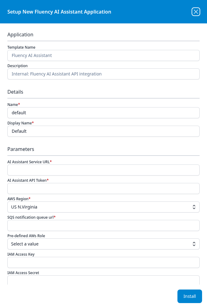 Setup New Fluency AI Assistant Application panel