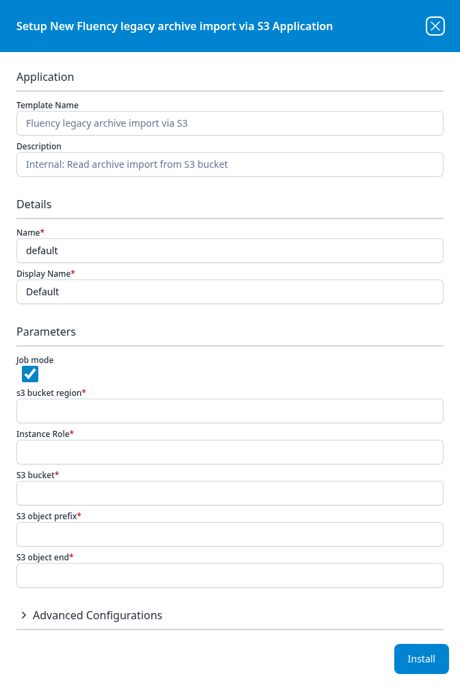 Setup New Fluency legacy archive import via S3 Application panel