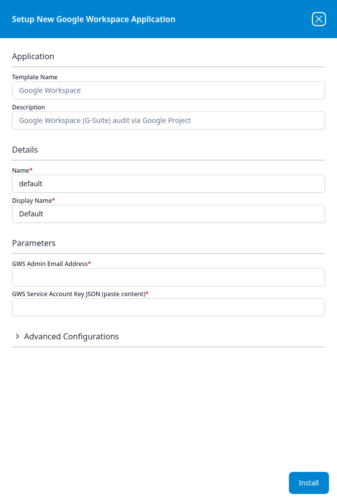 Setup New Google Workspace Application panel