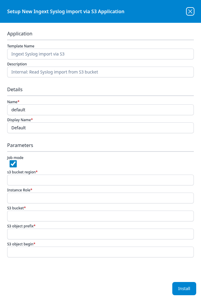 Setup New Ingext Syslog import via S3 Application panel