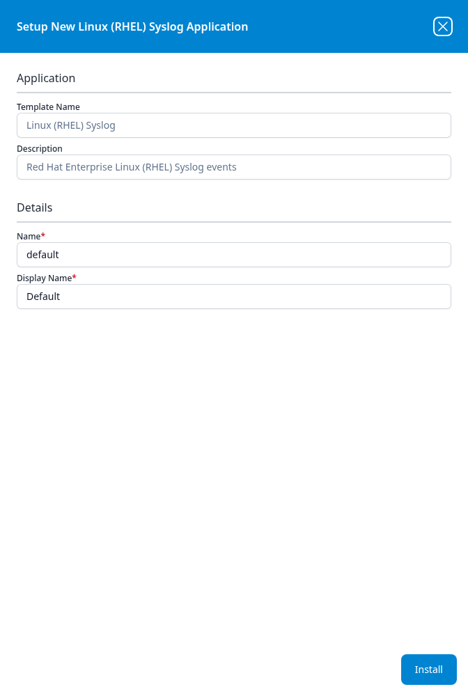 Setup New Linux (RHEL) Syslog Application panel
