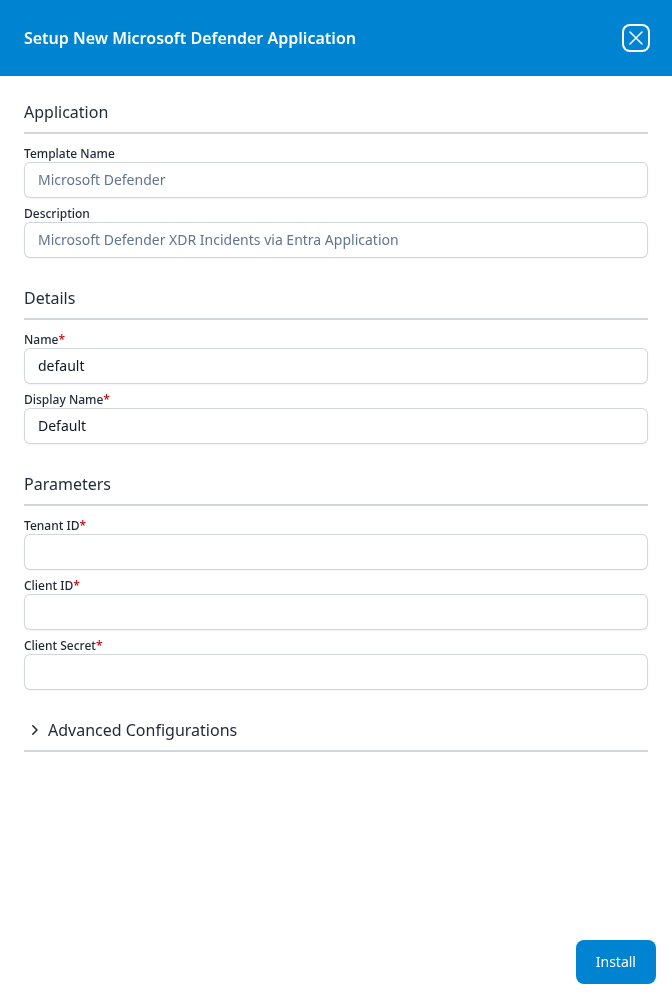 Setup New Microsoft Defender Application panel