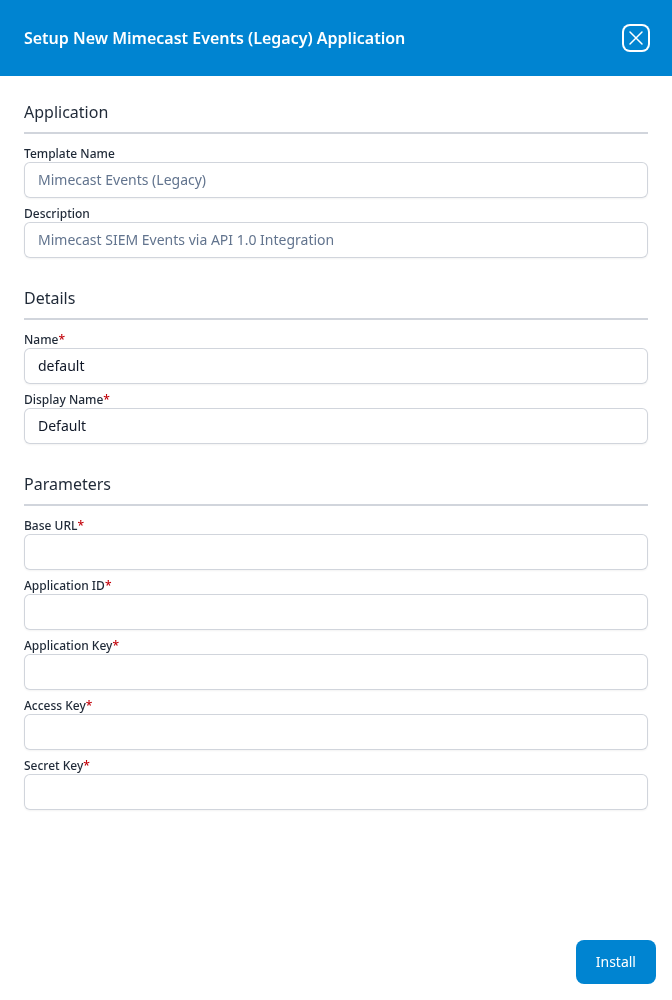 Setup New Mimecast Events (Legacy) Application panel