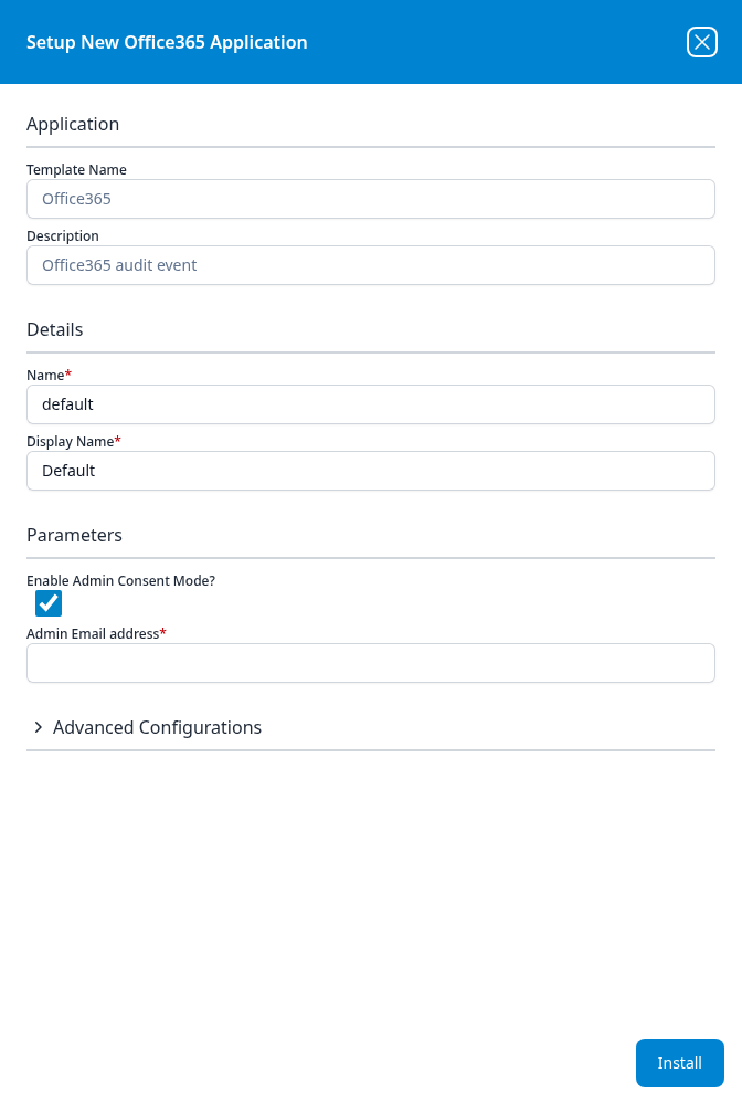 Setup New Office365 Application panel with Enable Admin Consent Mode ticked and an Admin Email address field