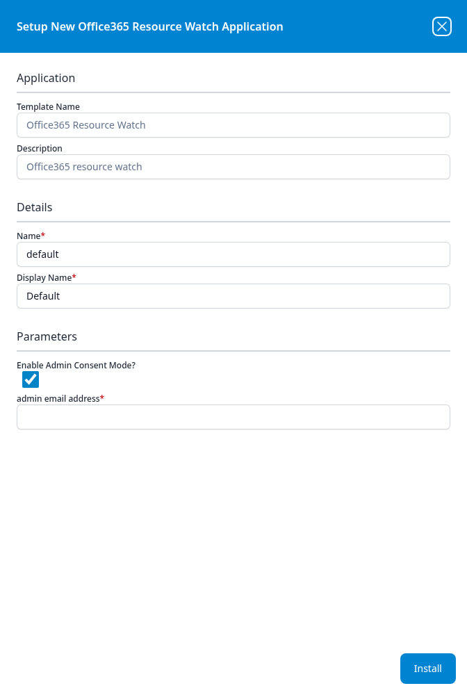 Setup New Office365 Resource Watch Application panel