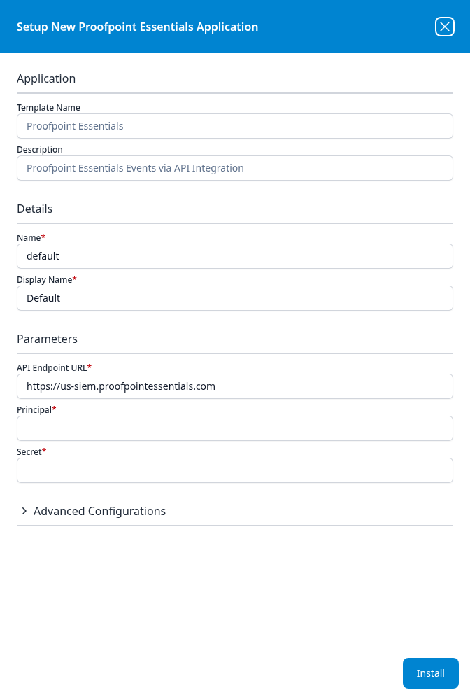 Setup New Proofpoint Essentials Application panel