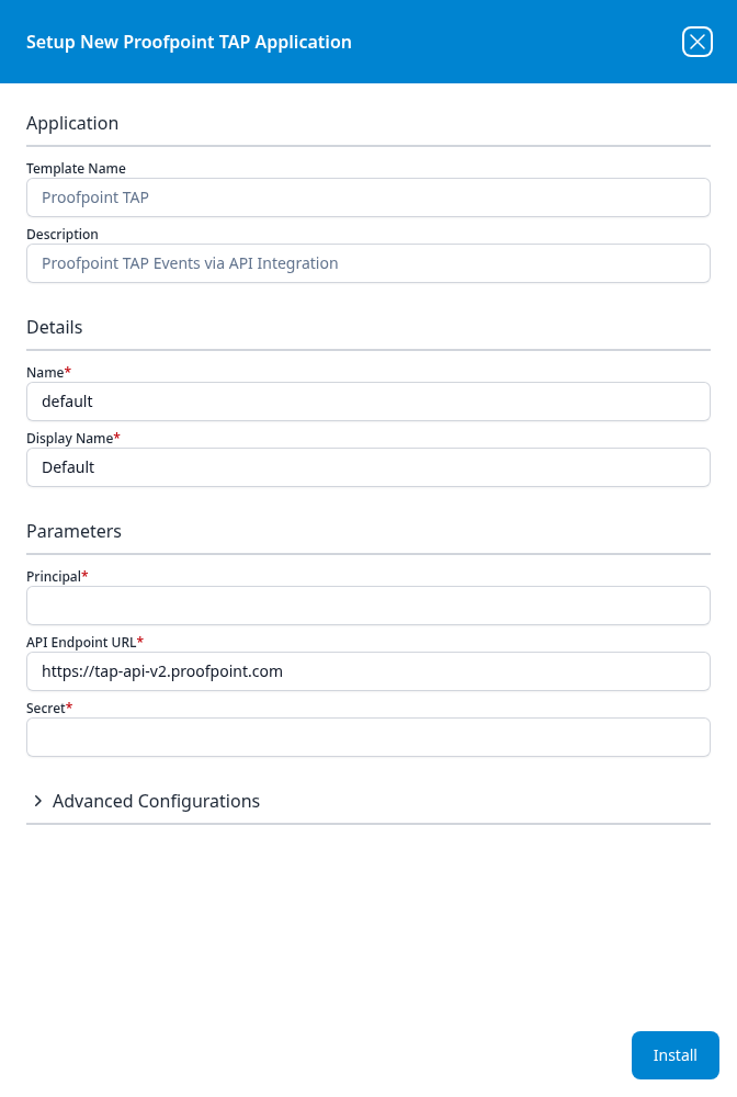 Setup New Proofpoint TAP Application panel