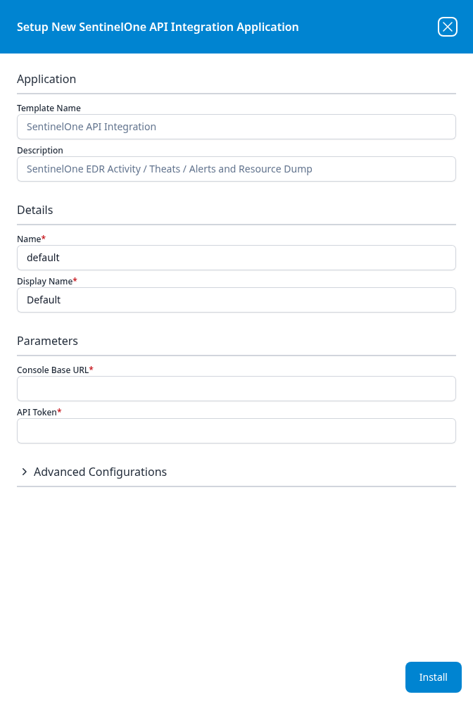 Setup New SentinelOne API Integration Application panel