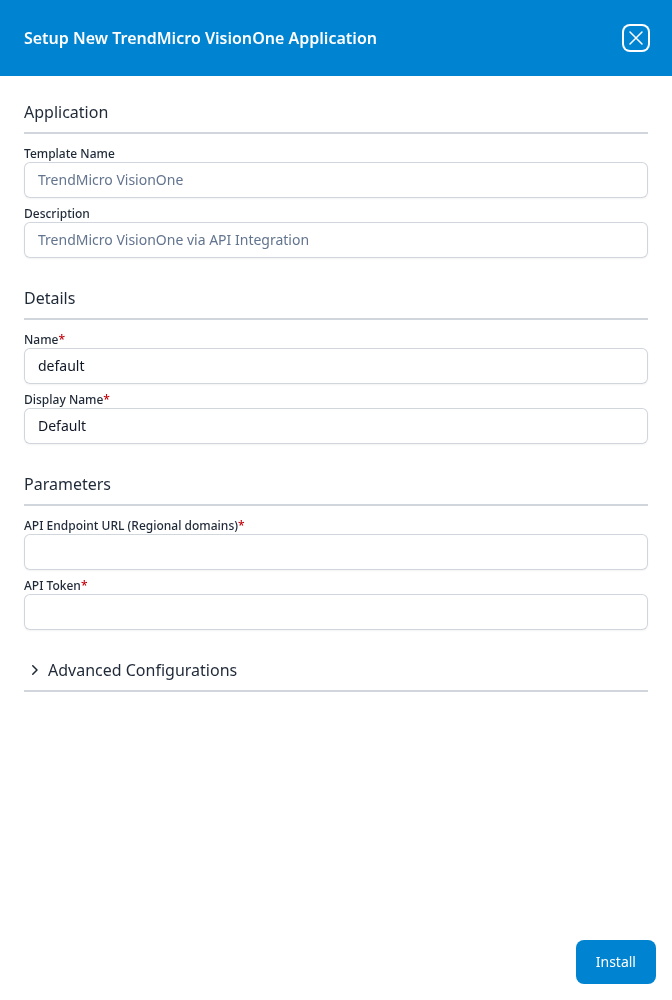 Setup New TrendMicro VisionOne Application panel