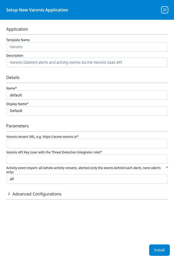 Setup New Varonis Application panel