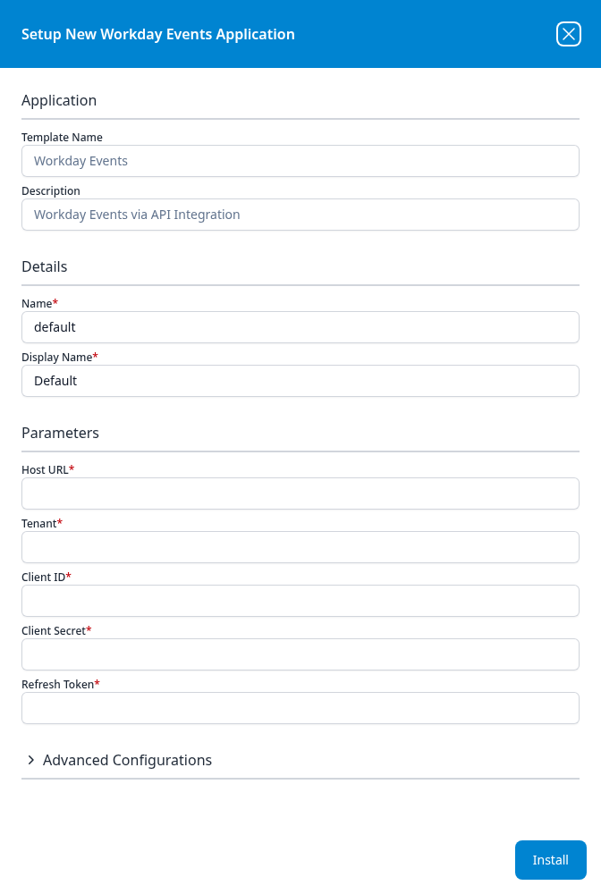 Setup New Workday Events Application panel