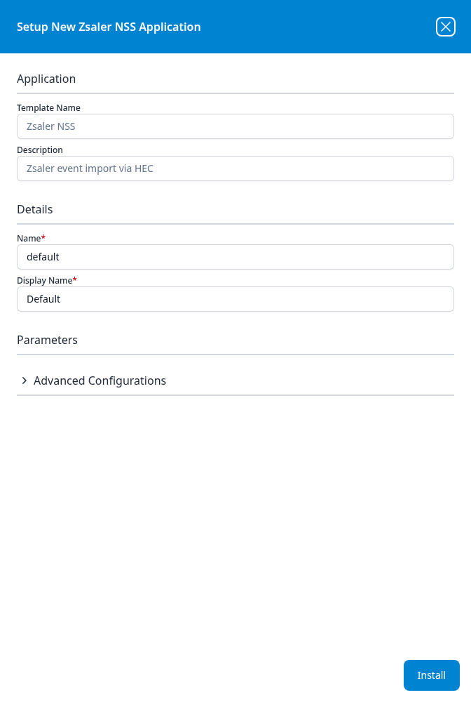 Setup New Zsaler NSS Application panel