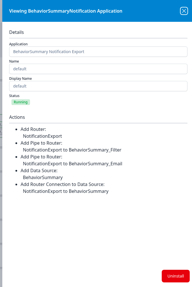 Viewing BehaviorSummaryNotification Application panel showing details and the list of pipeline actions the application installed