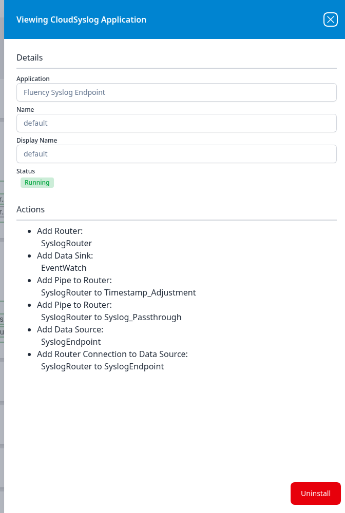 Viewing CloudSyslog Application panel showing details and the router, sink, pipes and data source the application installed