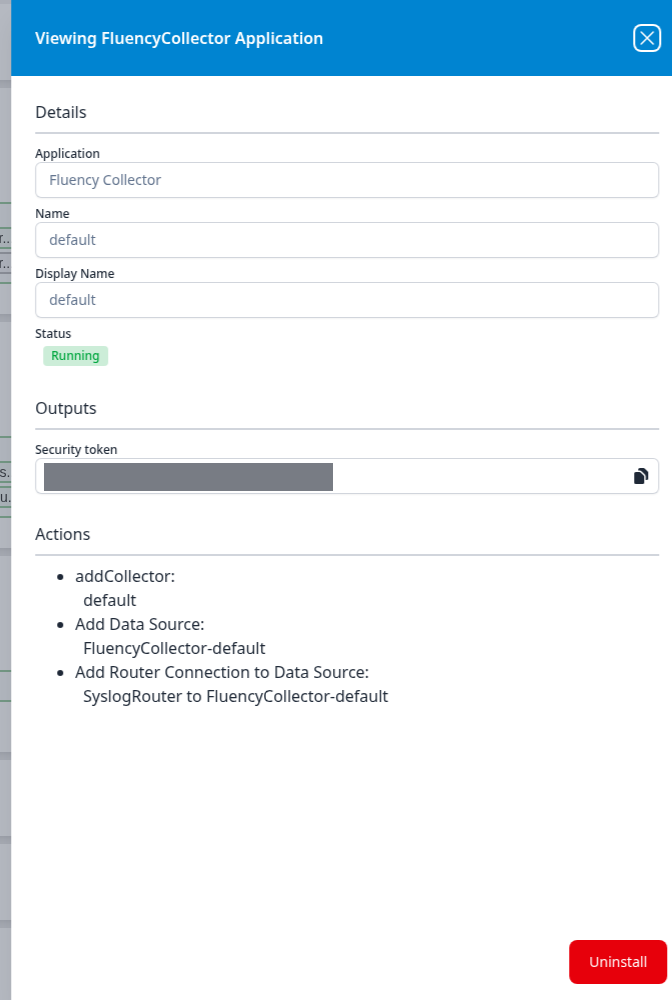 Viewing FluencyCollector Application panel showing details, a security token output with a copy button, and the installation's pipeline actions