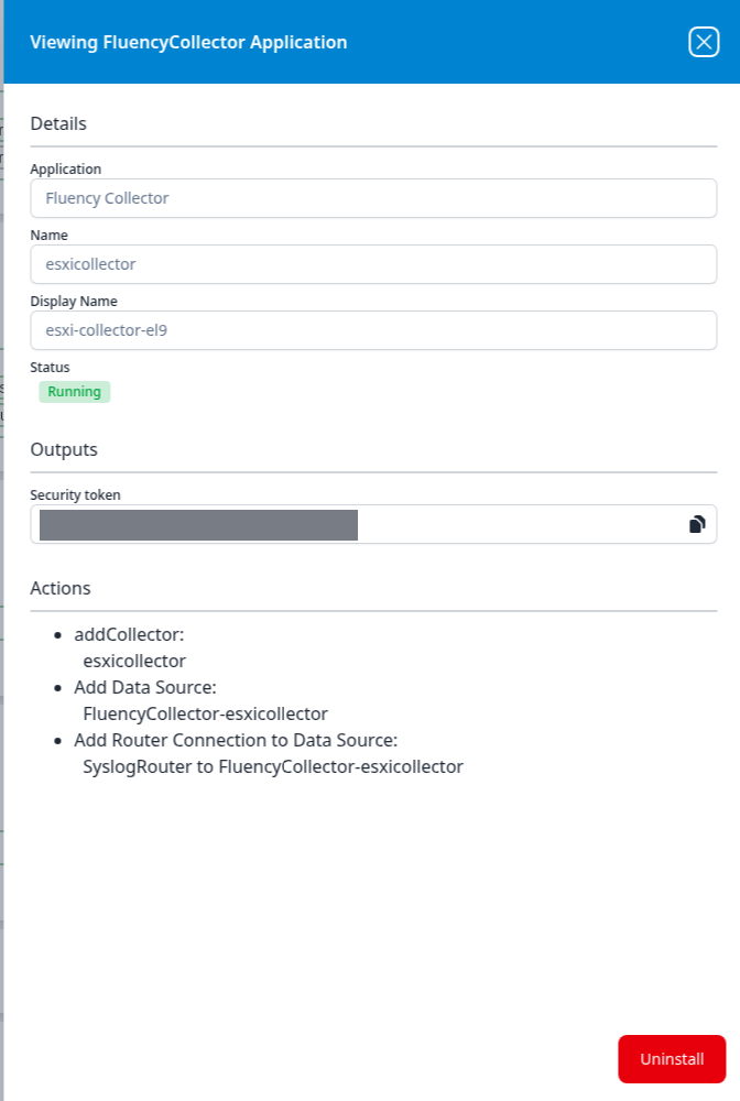 Viewing FluencyCollector Application panel for the esxi-collector-el9 instance, showing its own security token and pipeline actions