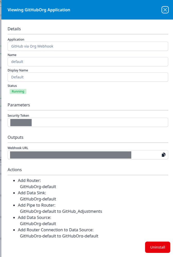 Viewing GitHubOrg Application panel showing the Security Token parameter, the Webhook URL output with a copy button, and the router, sink, pipe and data source the install created