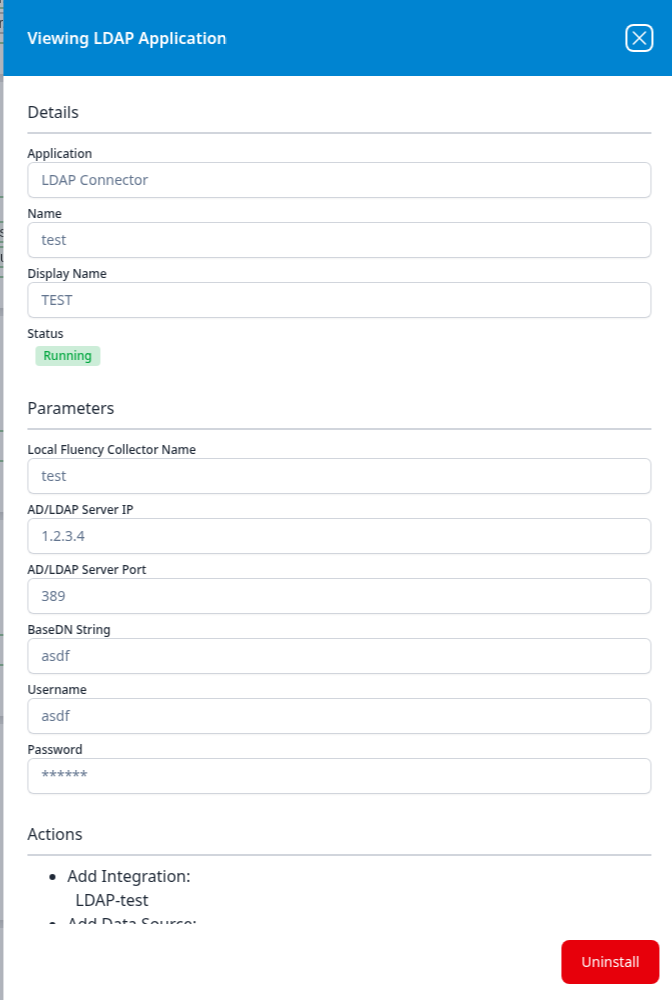 Viewing LDAP Application panel showing the collector name, server IP, port, base DN, username and masked password parameters, and an Add Integration action naming LDAP-test