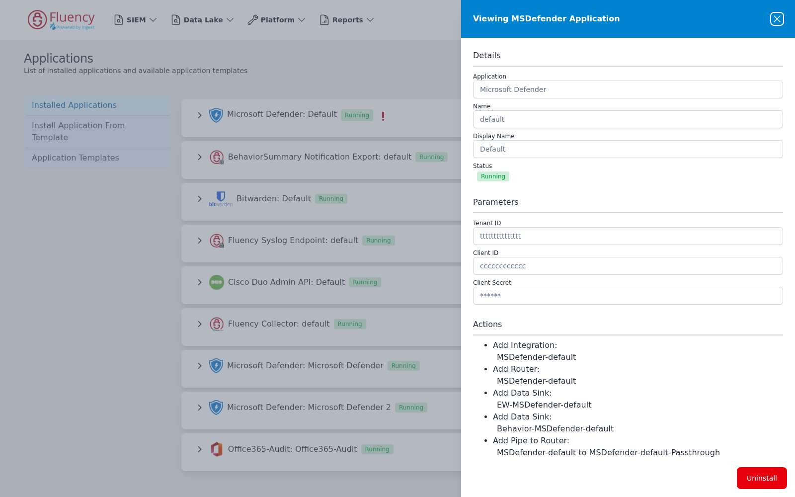 Viewing MSDefender Application panel showing details, parameters and the list of pipeline actions