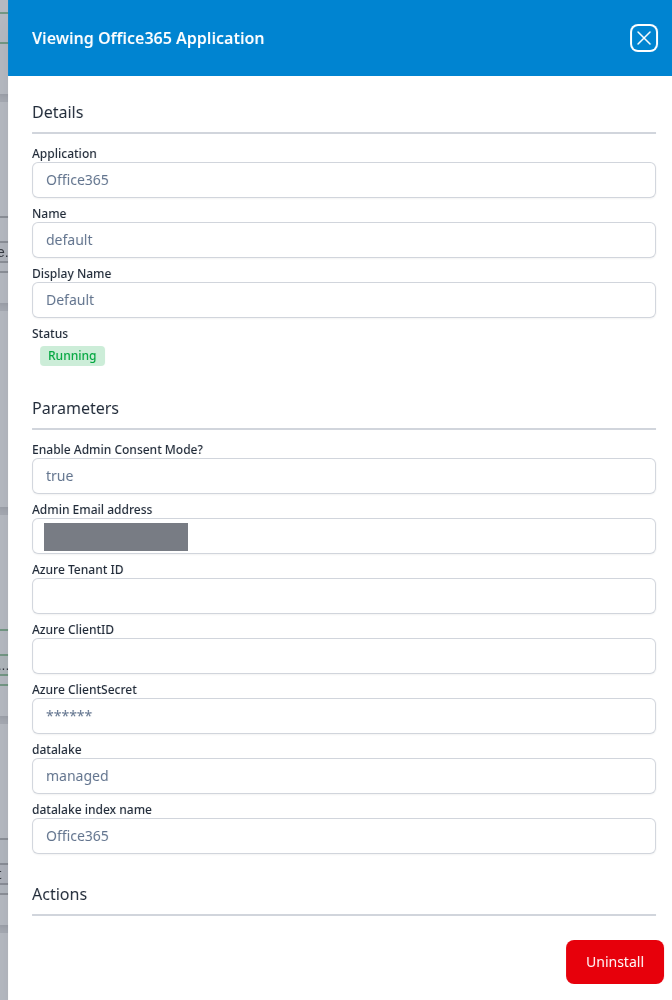 Viewing Office365 Application panel for the Default instance, showing Enable Admin Consent Mode true, an admin email address, empty Azure Tenant ID and ClientID fields, and a masked client secret