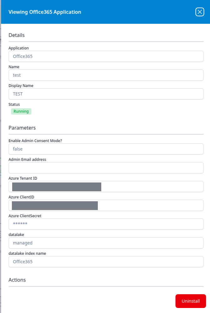 Viewing Office365 Application panel for the TEST instance, showing Enable Admin Consent Mode false, an empty admin email address, and redacted Azure Tenant ID and ClientID values