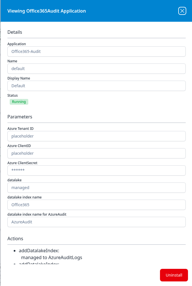 Viewing Office365Audit Application panel showing details, the tenant, client, data lake and index parameters, and the pipeline it installed