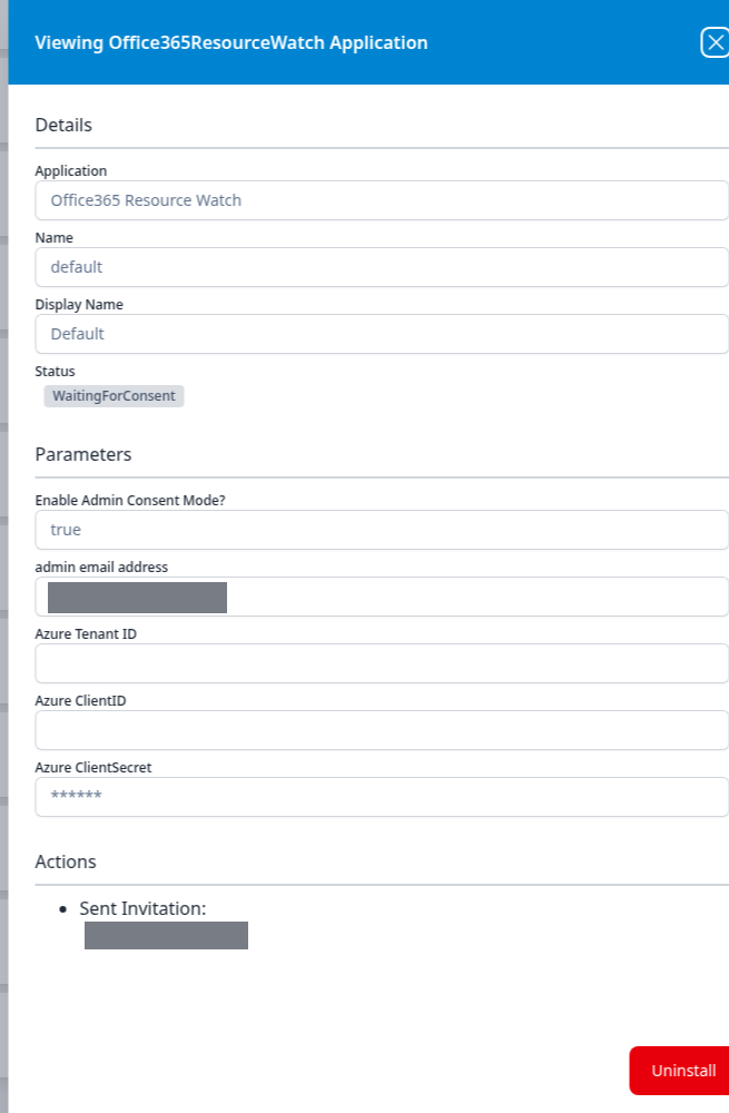 Viewing Office365ResourceWatch Application panel showing a WaitingForConsent status, the admin consent parameters, and a single Sent Invitation action