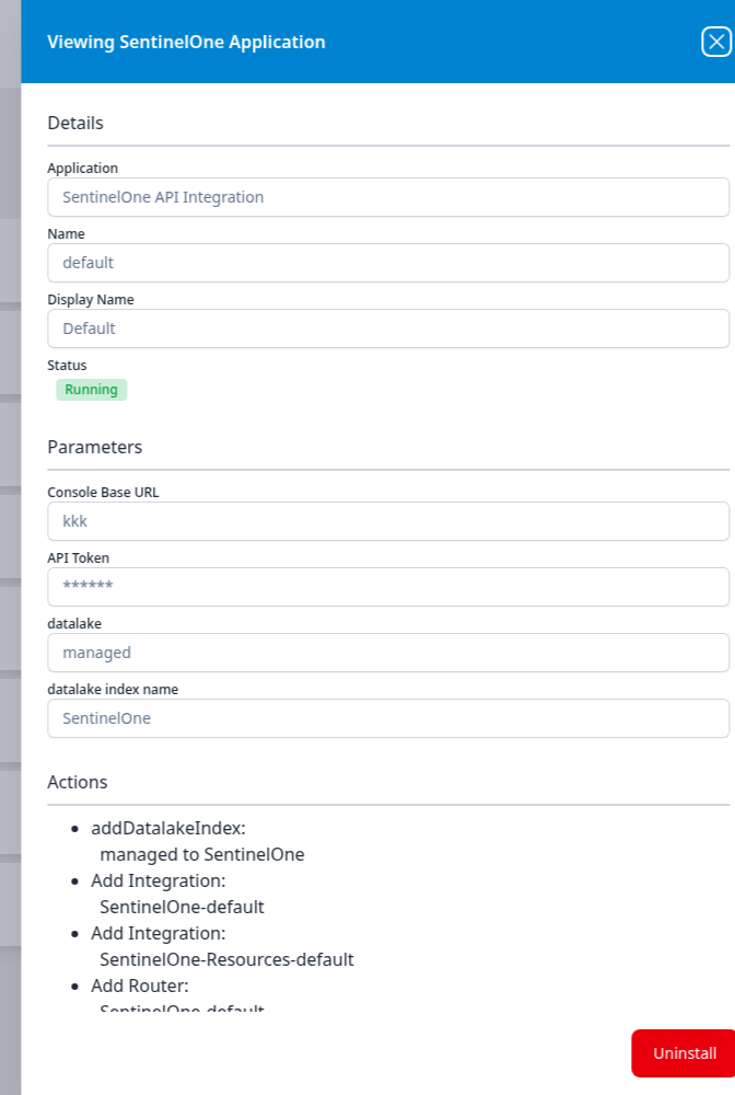 Viewing SentinelOne Application panel showing details, the Console Base URL and masked API Token parameters, the datalake and index values, and the list of pipeline actions
