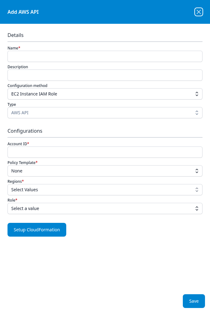 Add AWS API dialog