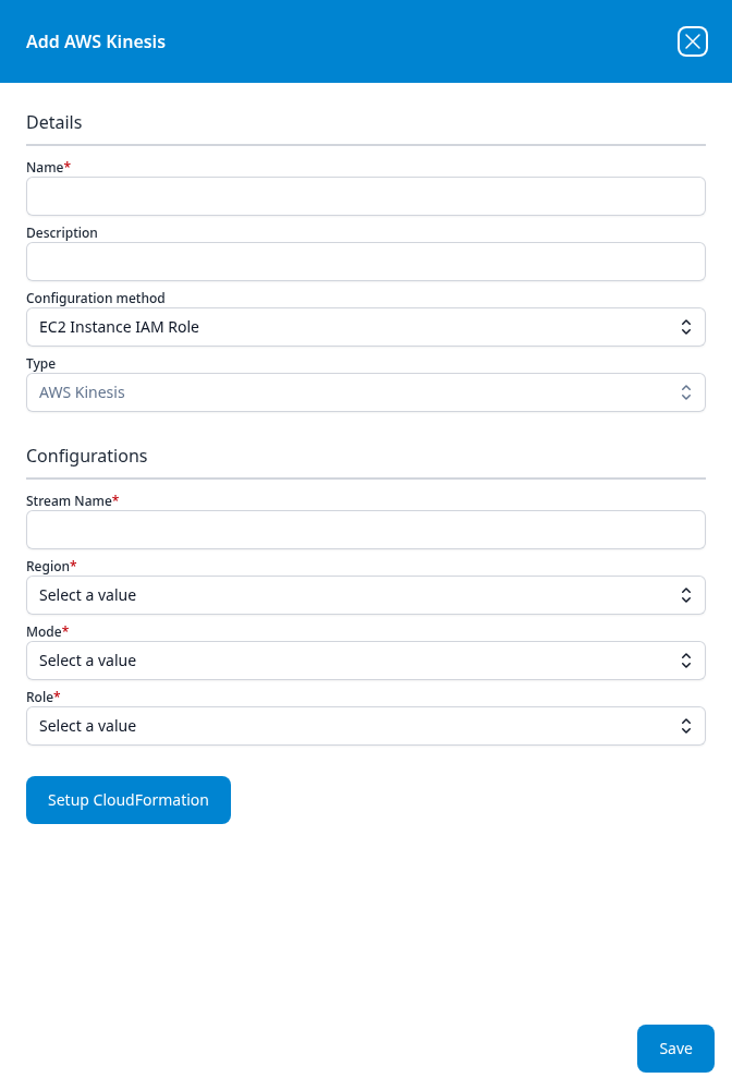 Add AWS Kinesis dialog