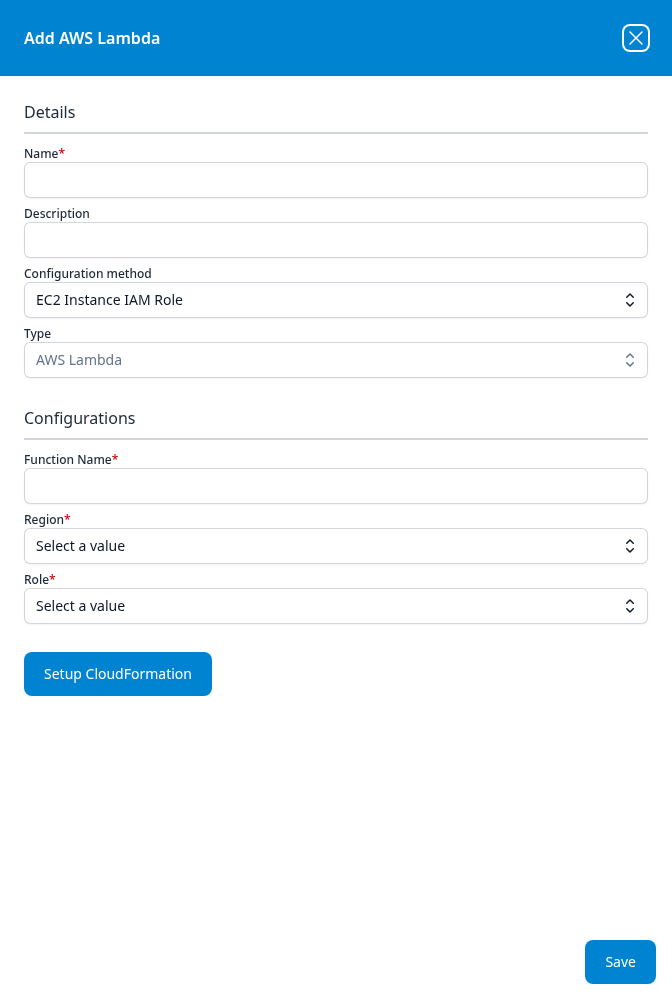 Add AWS Lambda dialog