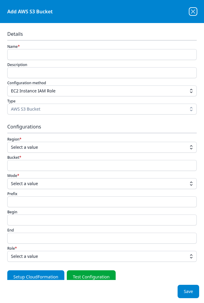 Add AWS S3 Bucket dialog showing the Details and Configurations sections, the Setup CloudFormation and Test Configuration buttons, and the Save button