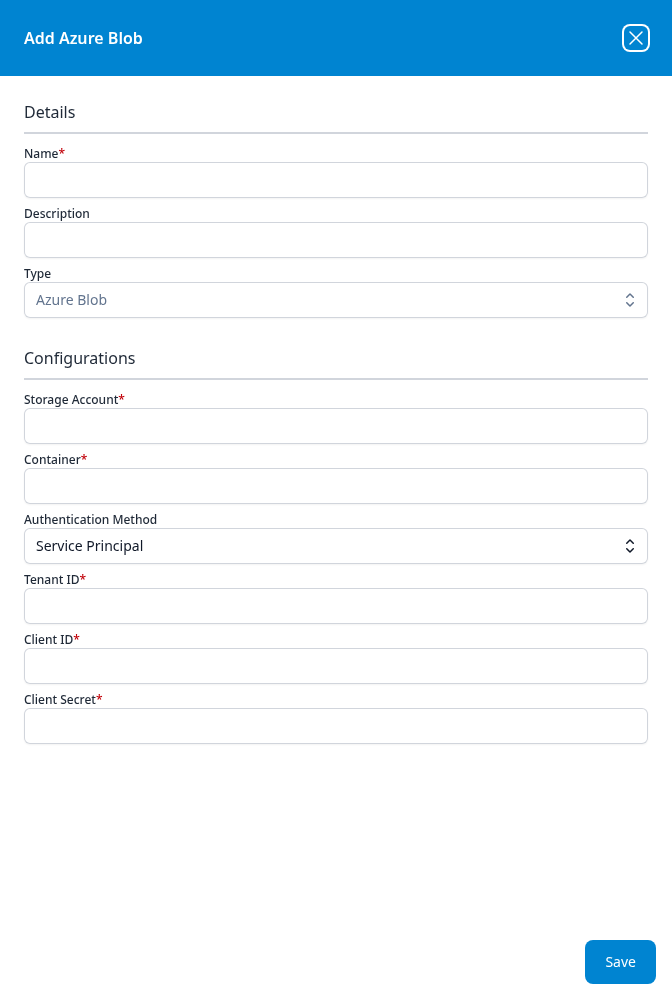 Add Azure Blob dialog