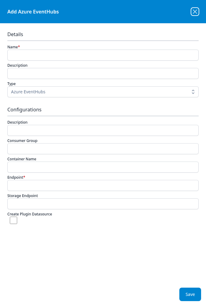 Add Azure EventHubs dialog